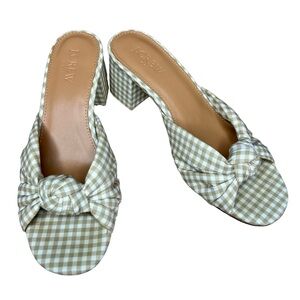 J. Crew Factory Gingham Knot Slip-on Block Heeled Sandals Tan White 7 Classic